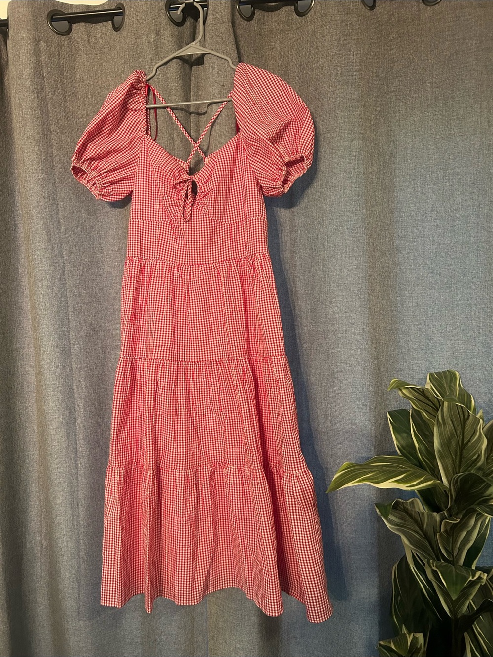Dry Goods City Triangles Red Gingham Puff-Sleeve Tiered Maxi Dress. Never worn.